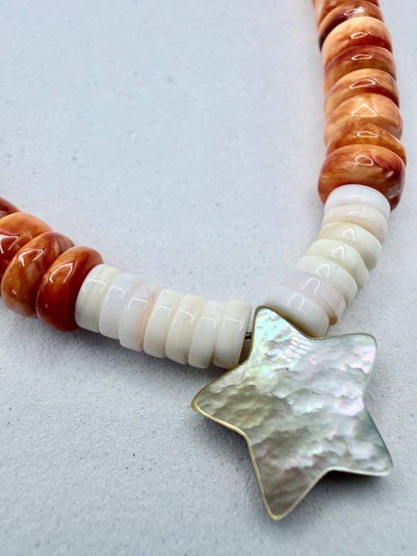 ORANGE SPINY OYSTER PINK CONCH & MOP STAR NECKLACE 16-22" (MM 10)