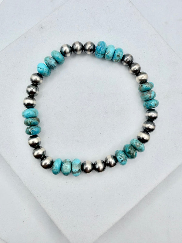 KINGMAN TURQUOISE & 6MM NAVAJO PEARLS STRETCH BRACELETS (CO 131)