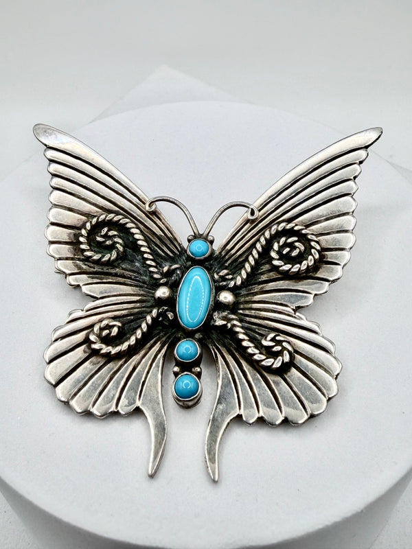 LEE CHARLEY SLEEPING BEAUTY TURQUOISE NATIVE HANDMADE BUTTERFLY PENDANT/BROOCHE 2"(CO 134)