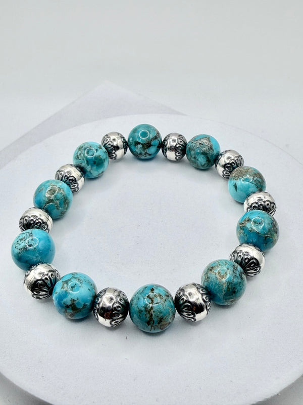 KINGMAN TURQUOISE & FLUTTED PEARLS STRETCH BRACELET (CO 137)