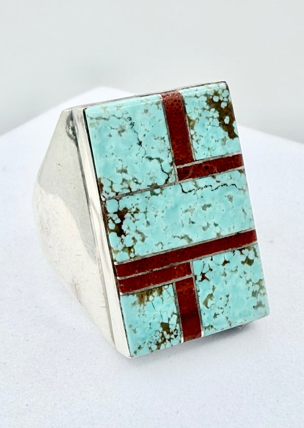 WILBERT GREY NATIVE HANDMADE MINE 8 & CORAL STATEMENT RING SIZE 13 (PN 23)