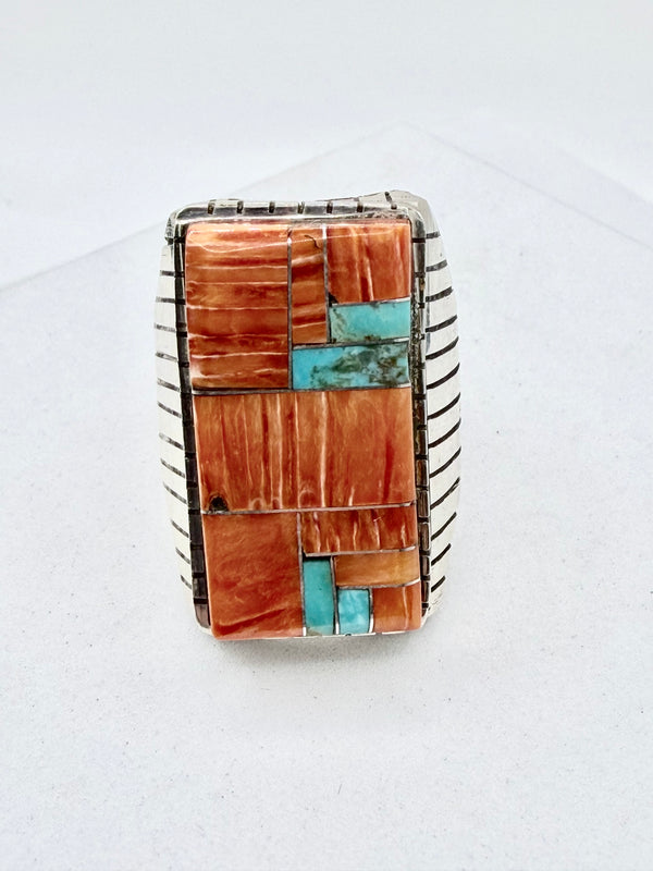 NATIVE HANDMADE ORANGE SPINY OYSTER & KINGMAN TURQUOISE RING SIZE 13 (PN 25)