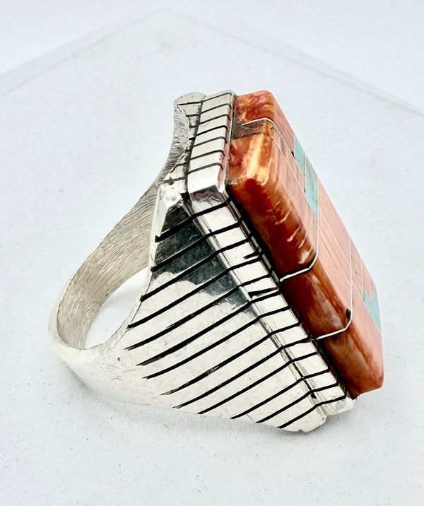 NATIVE HANDMADE ORANGE SPINY OYSTER & KINGMAN TURQUOISE RING SIZE 13 (PN 25)