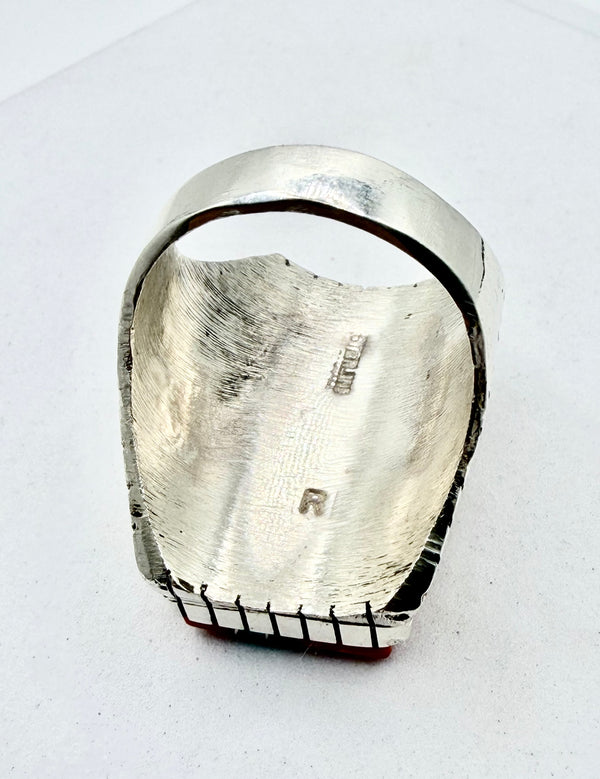 NATIVE HANDMADE ORANGE SPINY OYSTER & KINGMAN TURQUOISE RING SIZE 13 (PN 25)