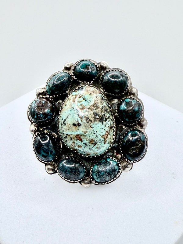 JOLENE BEGAY RED MOUNTAIN & HUBEI TURQUOISE CLUSTER RING SIZE 9.5" (PN 17)