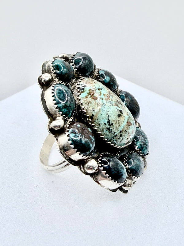 JOLENE BEGAY RED MOUNTAIN & HUBEI TURQUOISE CLUSTER RING SIZE 9.5" (PN 17)