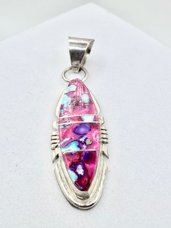 PINK DAHLIA NATIVE HANDMADE PENDANT STAMPED BY B.E. 1 3/4" (PN 12)