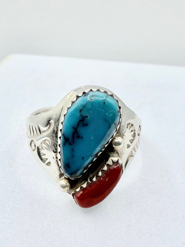 NATIVE HANDMADE KINGMAN & CORAL RING SIZE 12 (PN 9)