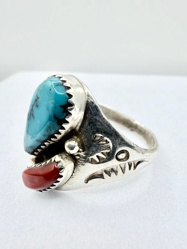 NATIVE HANDMADE KINGMAN & CORAL RING SIZE 12 (PN 9)