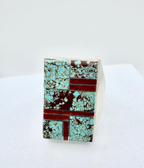 WILBERT GRAY NATIVE HANDMADE MED CORAL & MINE 8 TURQUOISE RING SIZE 13 (PN 2)