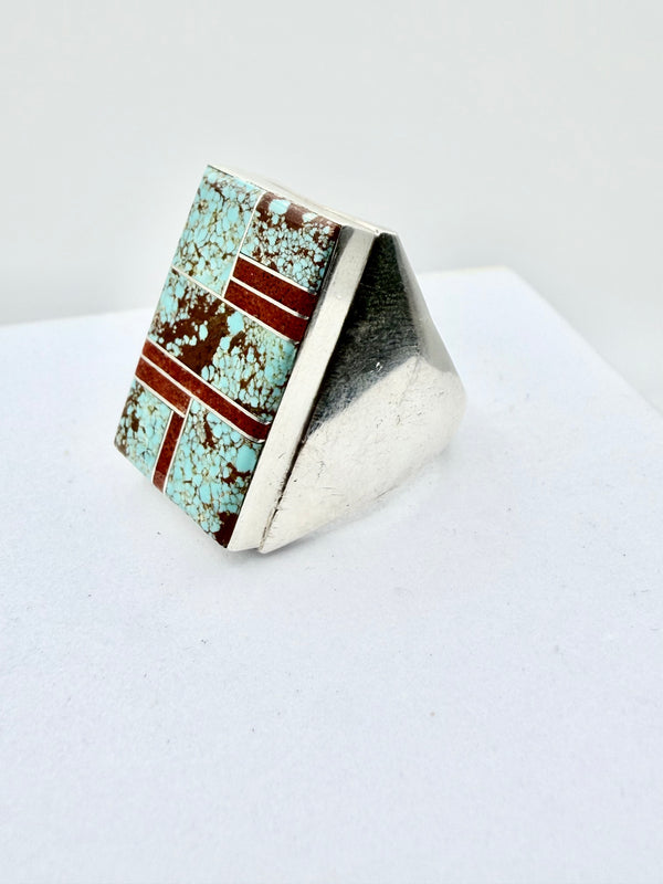 WILBERT GRAY NATIVE HANDMADE MED CORAL & MINE 8 TURQUOISE RING SIZE 13 (PN 2)