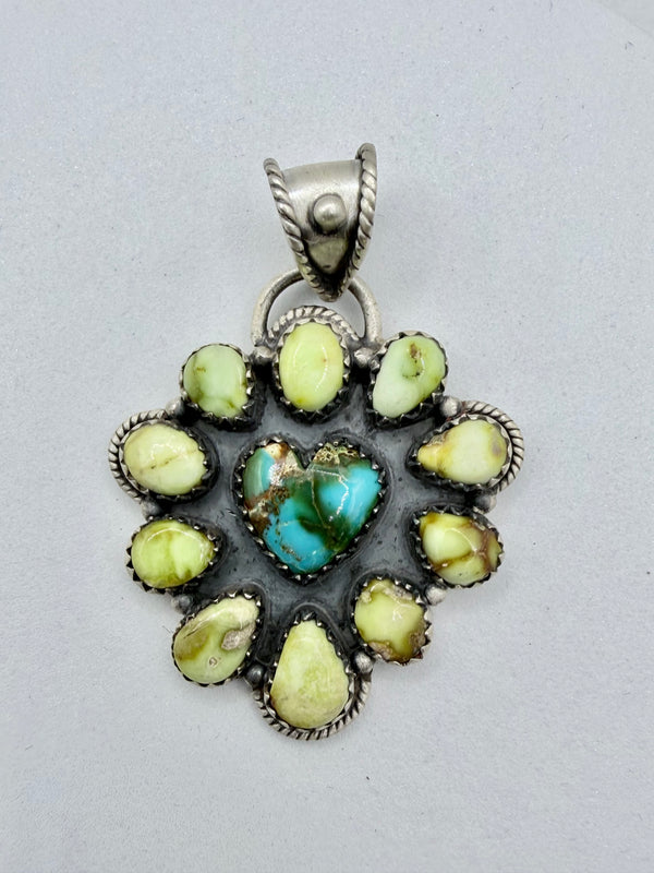 PALOMINO VERASCITE & SONORAN GOLD TURQUOISE SS HEART PENDANT 2" (CG 9)