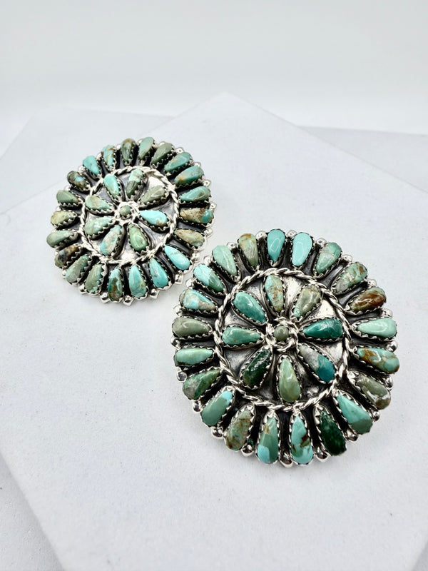 MARIE BEGAY ROYSTON TURQUOISE NATIVE HANDMADE CLUSTER POST BACK EARRINGS 1.5" (NP 39)