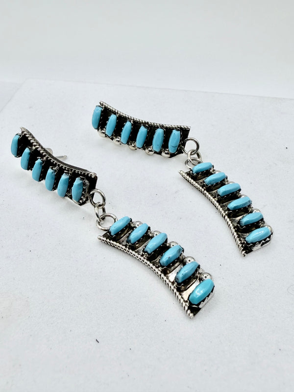 ZUNI HANDMADE SLEEPING BEAUTY TURQUOISE STAMPED POST BACK NEEDLE POINT EARRINGS (NP 41)