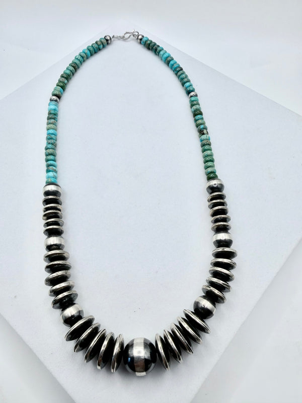 NATIVE HANDMADE GRADUATED SAUCER PEARLS & KINGMAN TURQUOISE NECKLACE 20" (NP 42)