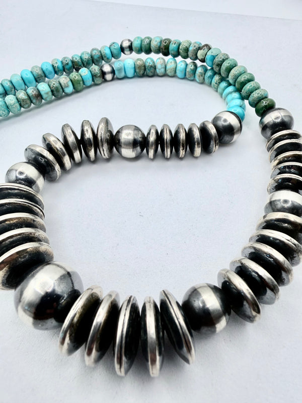 NATIVE HANDMADE GRADUATED SAUCER PEARLS & KINGMAN TURQUOISE NECKLACE 20" (NP 42)