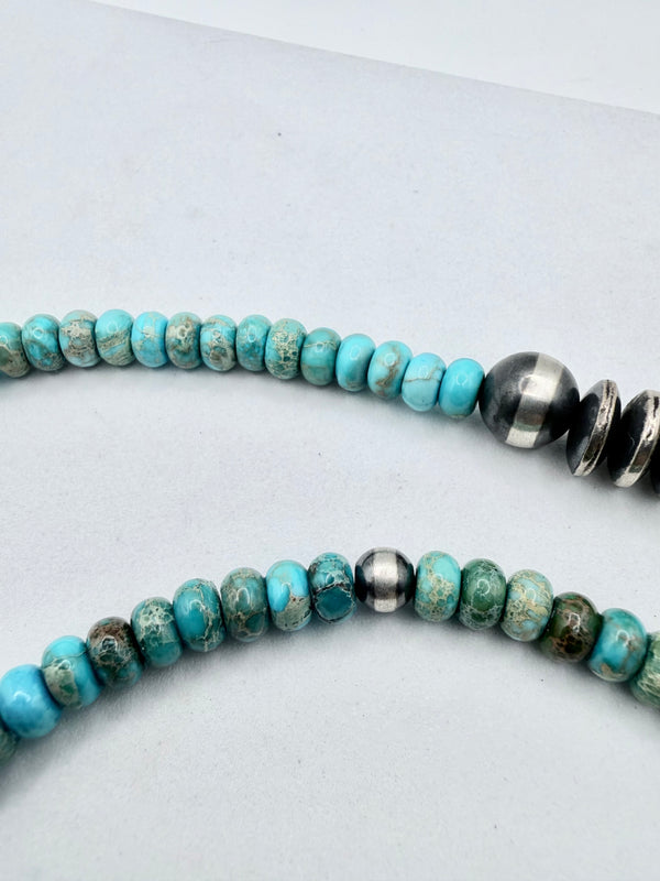 NATIVE HANDMADE GRADUATED SAUCER PEARLS & KINGMAN TURQUOISE NECKLACE 20" (NP 42)