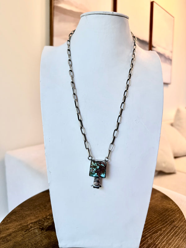 ANTOINETTE MARTINEZ LONE MOUNTAIN TURQUOISE CHUNKY SQUARE BLOSSOM NECKLACE 26" (NP 43)