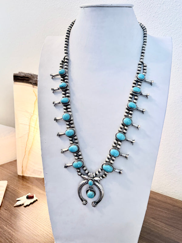 THOMAS FRANCISCO KINGMAN TURQUOISE NATIVE HANDMADE SQUASH BLOSSOM 26" NECKLACE & EARRINGS SET  (NP 44)