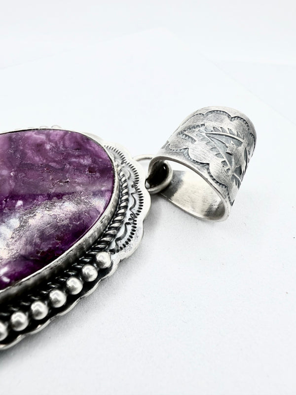 GILBERT PLATERO NATIVE HANDMADE SHUGALITE OVAL PENDANT 3" (ELW 38)