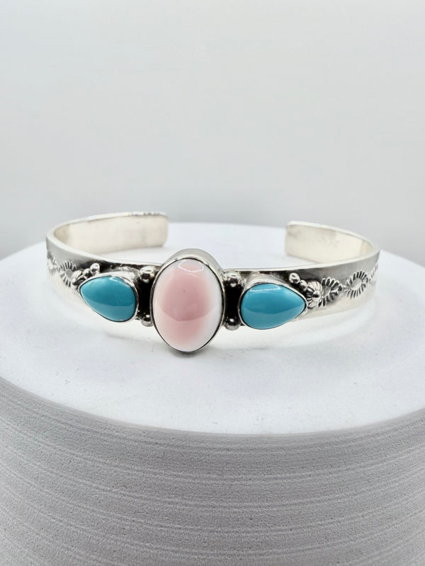 TONY YAZZIE SLEEPING BEAUTY TURQUOISE & PINK CONCH ADJUSTABLE CUFF (KK 12)