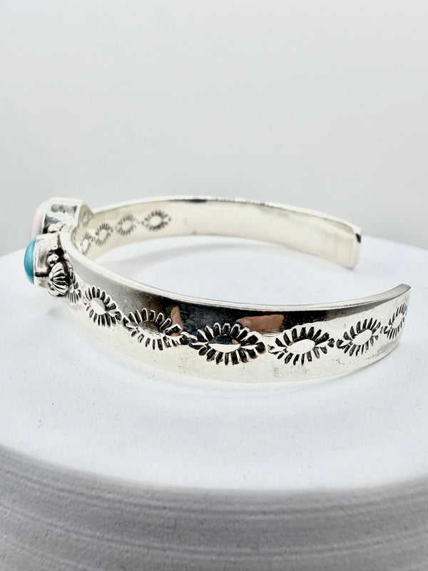 TONY YAZZIE SLEEPING BEAUTY TURQUOISE & PINK CONCH ADJUSTABLE CUFF (KK 12)