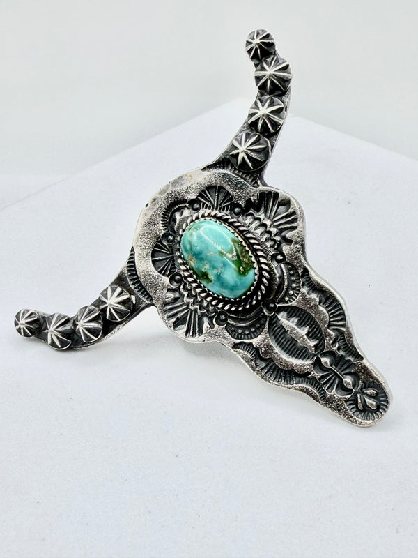 KEVIN BILLAH SONORAN GOLD TURQUOISE SS ADJUSTABLE LONGHORN STATEMENT RING (KK 15)