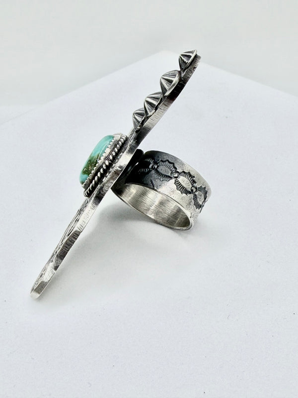 KEVIN BILLAH SONORAN GOLD TURQUOISE SS ADJUSTABLE LONGHORN STATEMENT RING (KK 15)