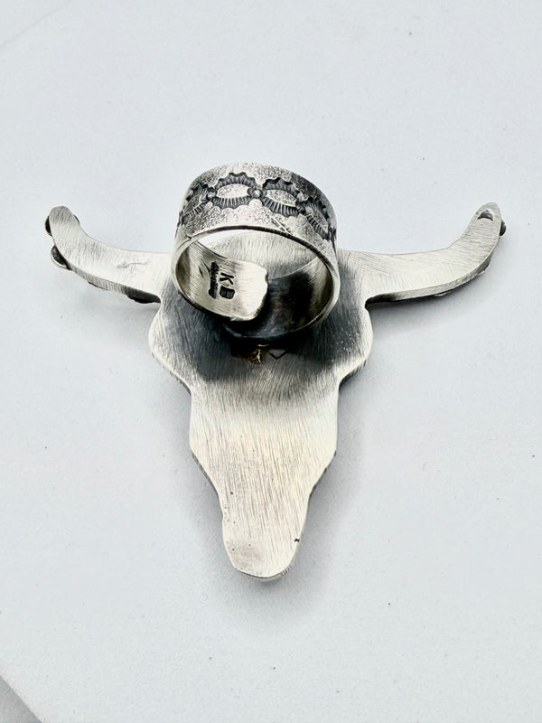 KEVIN BILLAH SONORAN GOLD TURQUOISE SS ADJUSTABLE LONGHORN STATEMENT RING (KK 15)