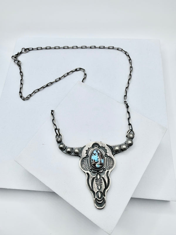 KEVIN BILLAH GOLDEN HILLS TURQUOISE SS LONGHORN ADJUSTABLE NECKLACE 26" (KK 7)