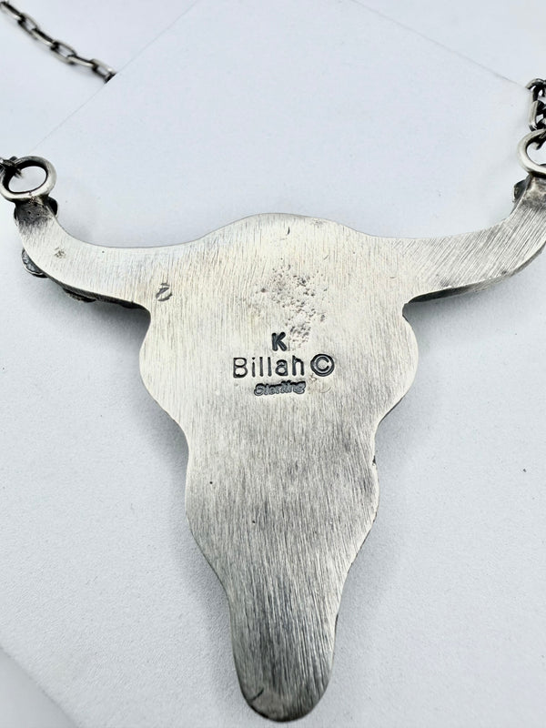 KEVIN BILLAH GOLDEN HILLS TURQUOISE SS LONGHORN ADJUSTABLE NECKLACE 26" (KK 7)