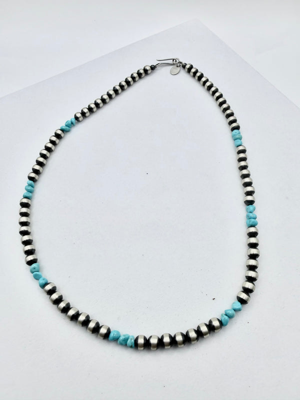 NATIVE HANDMADE 5MM NAVAJO PEARLS & KINGMAN TURQUOISE BEADS 16" (KK 8)