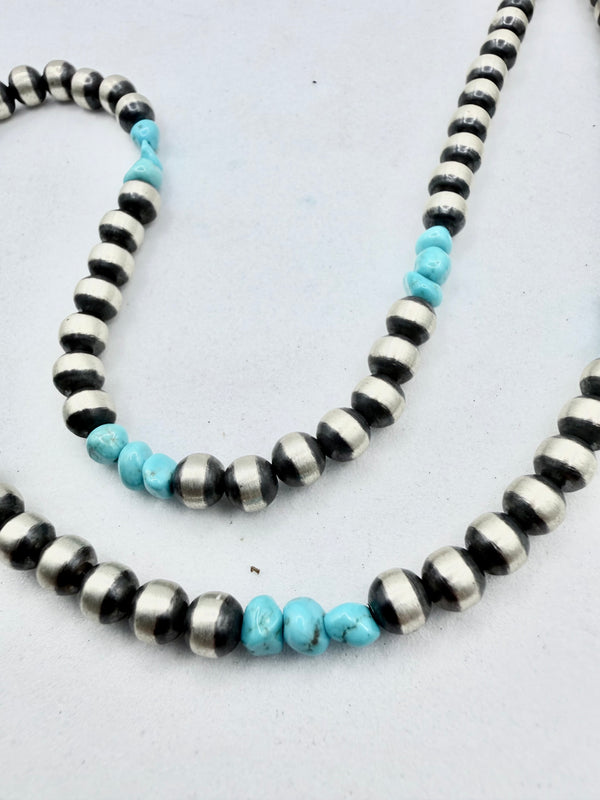 NATIVE HANDMADE 5MM NAVAJO PEARLS & KINGMAN TURQUOISE BEADS 16" (KK 8)