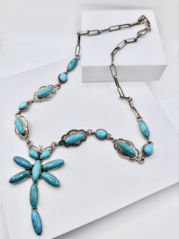 TONY YAZZIE NATIVE HANDMADE KINGMAN TURQUOISE DRAGONFLY LARIAT 26"  (KK 4)