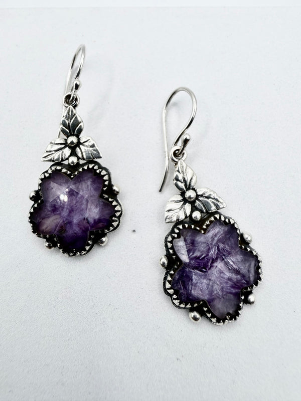 AMETHYST DOUBLET STERLING SILVER FISHHOOK FLOWER EARRINGS (LL 69)