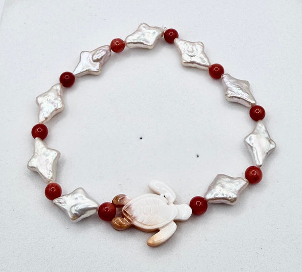 MEDITERRANEAN CORAL WITH FRESHWATER PEARLS & ORANGE SPINY OYSTER TURTLE STRETCH BRACELET (LL 70)