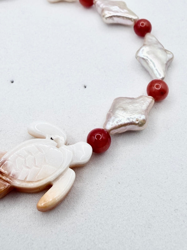 MEDITERRANEAN CORAL WITH FRESHWATER PEARLS & ORANGE SPINY OYSTER TURTLE STRETCH BRACELET (LL 70)
