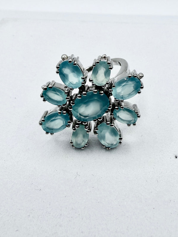 FACETED BRAZILIAN AQUAMARINE CLUSTER STERLING SILVER ADJUSTABLE RING (LL 72)