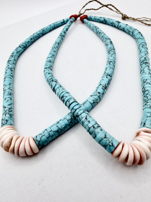 NATIVE HANDMADE SPIDERWEB TURQUOISE SPINY & CORAL STRING NECKLACE (LL 60)