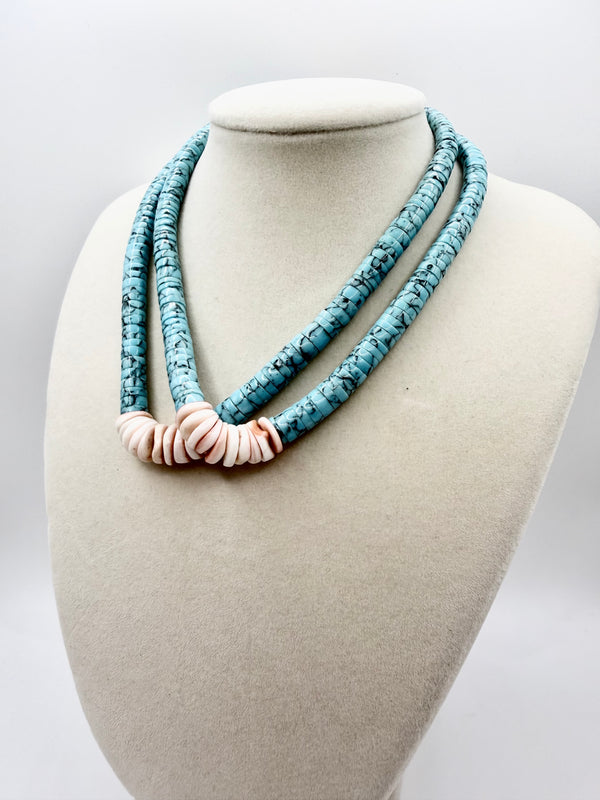 NATIVE HANDMADE SPIDERWEB TURQUOISE SPINY & CORAL STRING NECKLACE (LL 60)