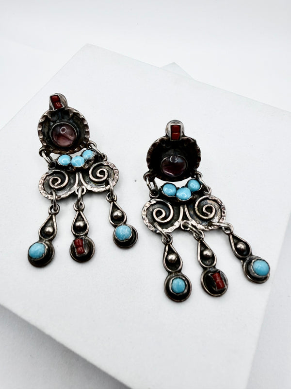 VINTAGE TAXCO SILVER SLEEPING BEAUTY TURQUOISE CORAL & AMETHYST EARRINGS (LL 61)