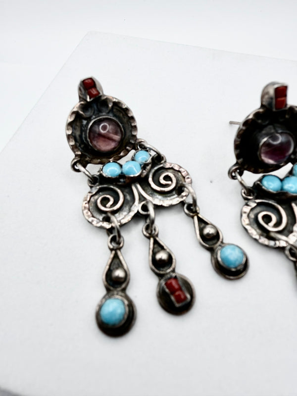 VINTAGE TAXCO SILVER SLEEPING BEAUTY TURQUOISE CORAL & AMETHYST EARRINGS (LL 61)