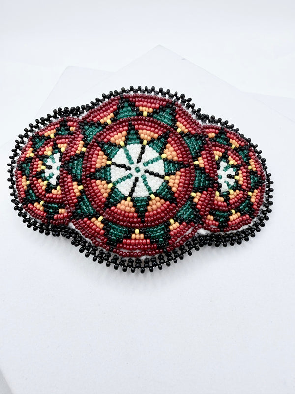 NATIVE CHEROKEE SEED-BEAD FLORAL BARRETTE WITH LEATHER BACKING 4x2.5" (LL 63)