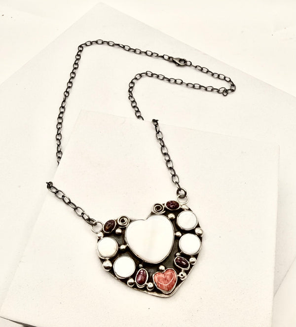 JACQUELINE SILVER IVORY MOTHER OF PEARL & SPINY HEART NATIVE HANDMADE ADJUSTABLE NECKLACE 20" (LA 29)