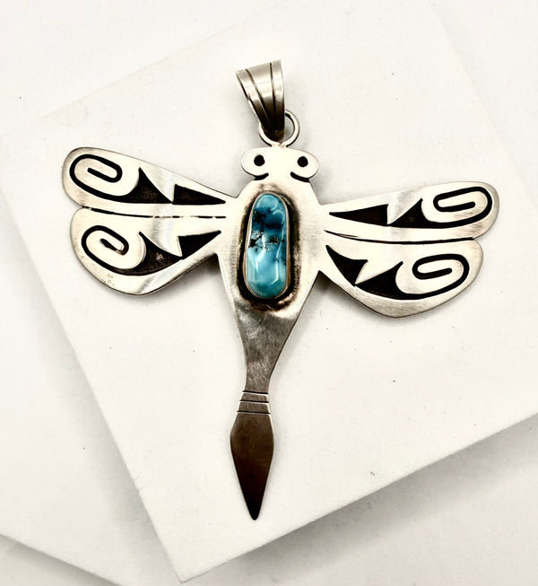 BENNIE RATION NATIVE HANDMADE MORENCI TURQUOISE DRAGONFLY PENDANT 3.5" (LA 35)