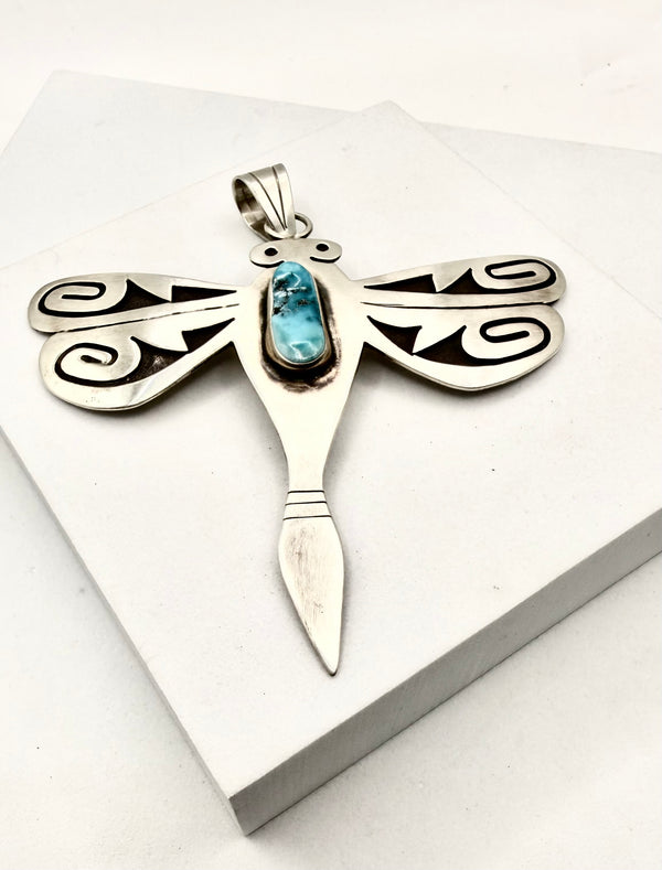 BENNIE RATION NATIVE HANDMADE MORENCI TURQUOISE DRAGONFLY PENDANT 3.5" (LA 35)