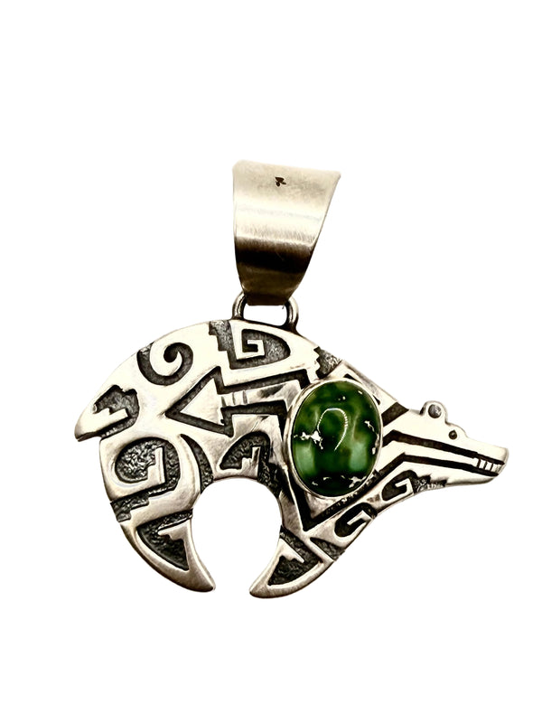 NATIVE HANDMADE SONORAN GOLD TURQUOISE ZUNI BEAR PENDANT (LA 36)