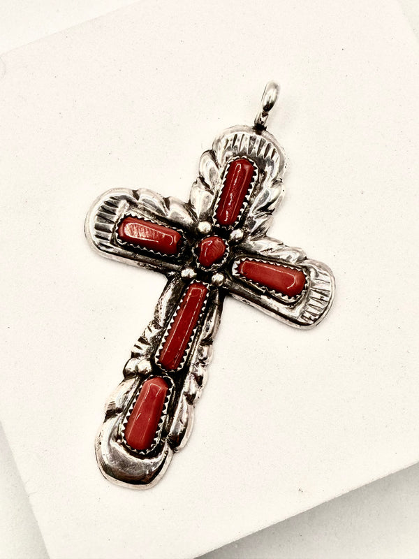 MED CORAL CROSS PENDANT ZUNI HANDMADE BY G&L LEEKITY (LA 37)