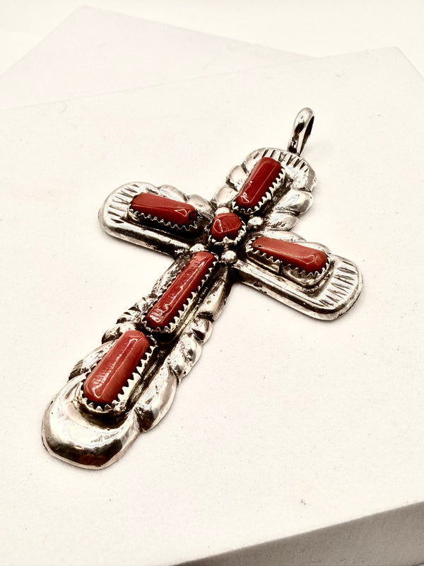 MED CORAL CROSS PENDANT ZUNI HANDMADE BY G&L LEEKITY (LA 37)