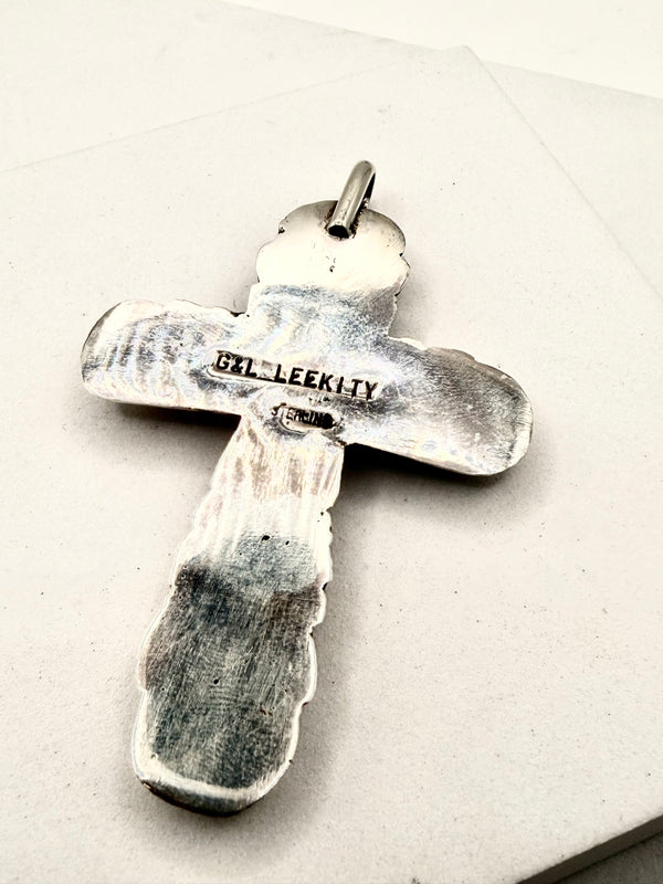 MED CORAL CROSS PENDANT ZUNI HANDMADE BY G&L LEEKITY (LA 37)
